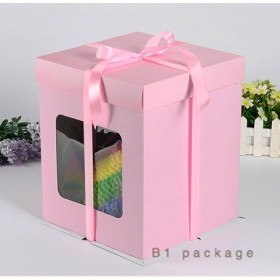 กล่องเค้กทรงสูงรุ่นกระดาษ เจาะหน้าต่าง สีชมพู 1ปอนด์